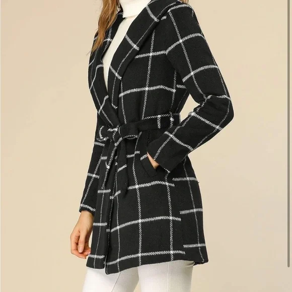 Women's Shawl Collar Check Belted Wrap Plaid Coat with Pockets - Picture 3 of 7